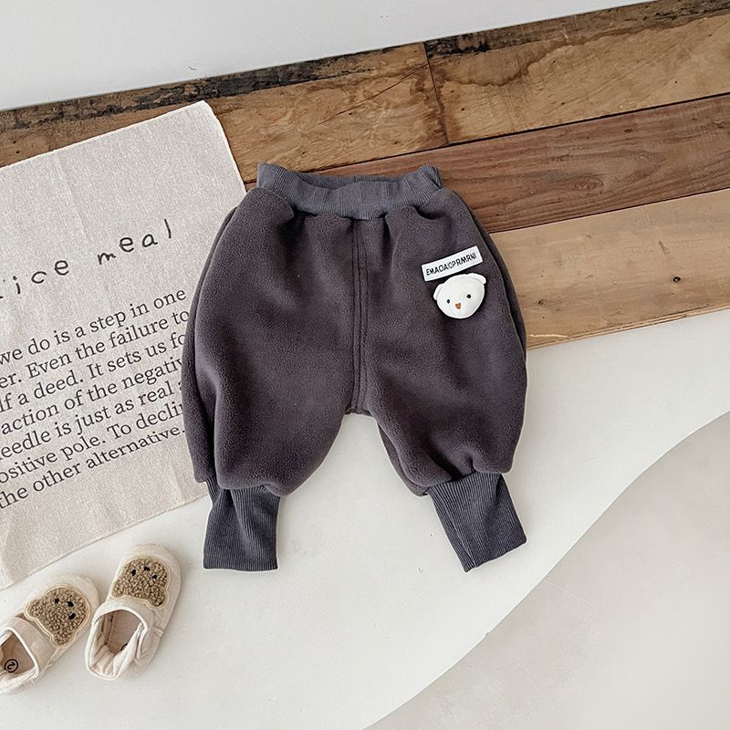 Baby clothing Baby plus fleece thick sweatpants winter three-dimensional bear head figure-band pants casual pants cartoon pants for boys and girls_viptrois.com