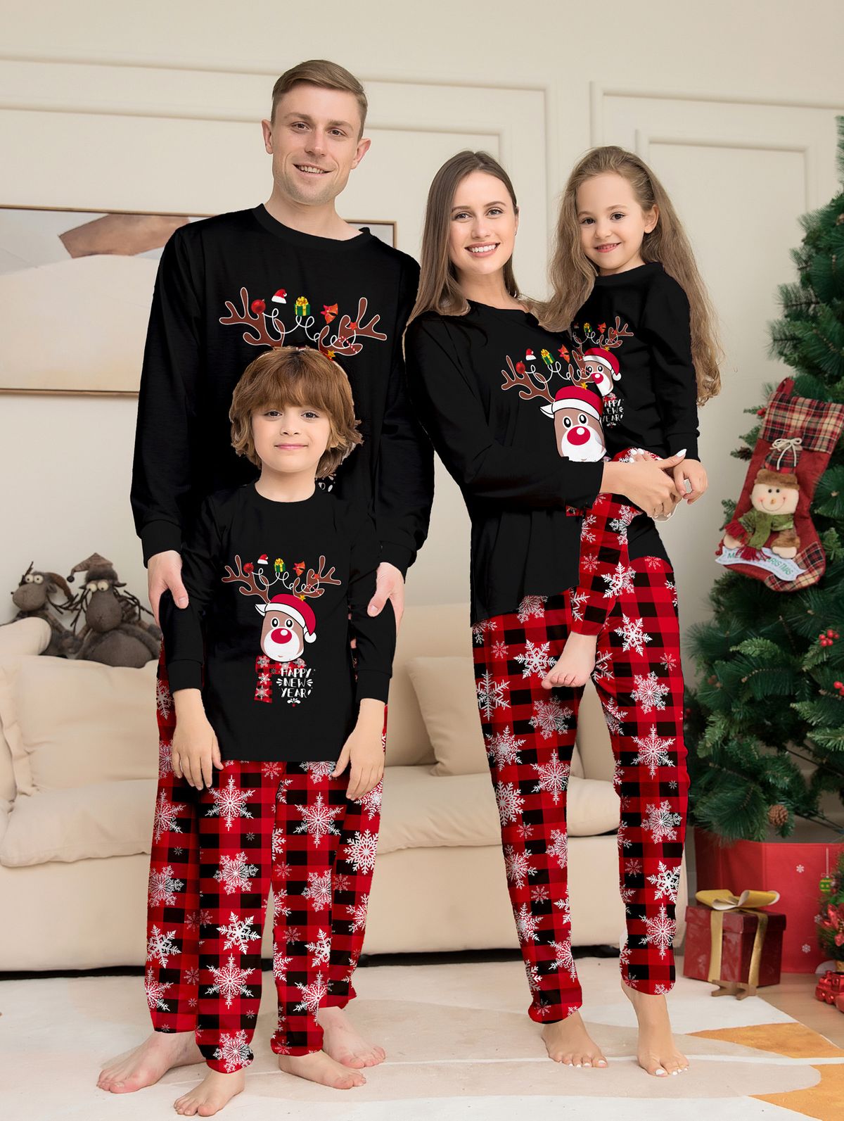 Christmas Fawn Snowflake plaid family Christmas print home suit set_viptrois.com