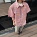 Men's Clothing Fixed Color Woven Plaid Seersucker Cross Yoke Loose Silhouette Short Sleeved Shirt_viptrois.com