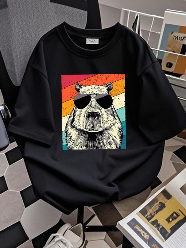 Retro Vintage Capybara With Sunglasses Animal Lovers T-Shirt Unisex T-shirt Homme Breathable Soft Designer Clothes Versatile Summer Streetwear_viptrois.com