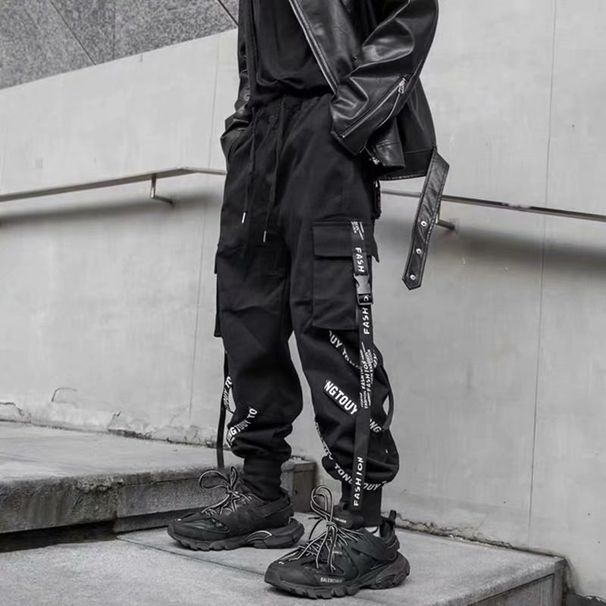 1 Ins Cross-Border National Trend Loose Ribbon Nine-Point Cargo Men Korean Version Trendy Brand Hip-Hop Harem Jogger Pants_viptrois.com