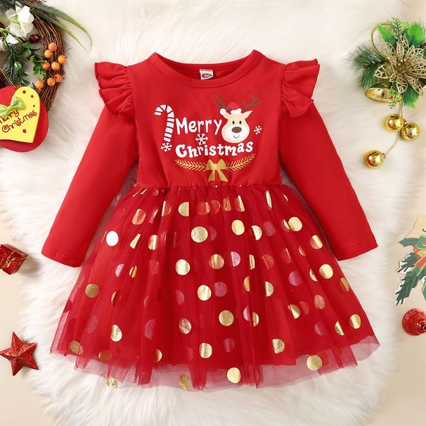 Christmas Children's spring and autumn Christmas girls Christmas letter pattern long-sleeved polka dot dress children's skirt ins_viptrois.com