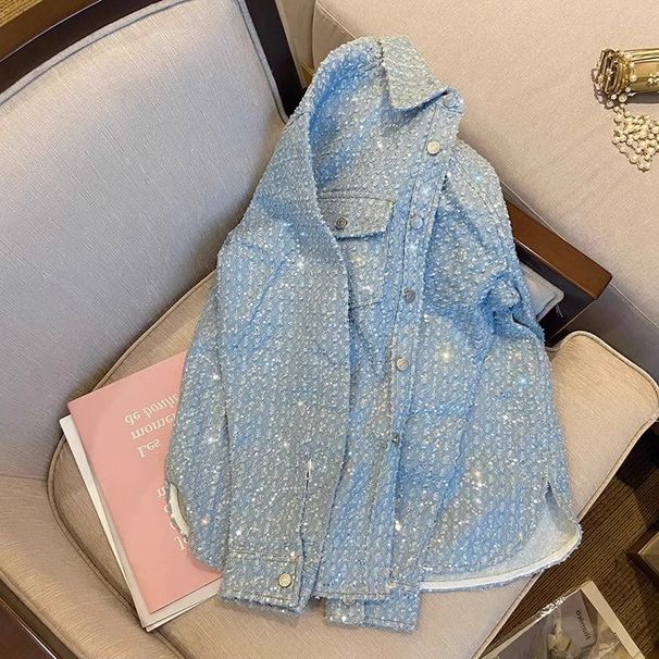 New European Light Blue Small Fragrant Style Heavy Industry Sequined Denim Shirt, Shirt Jacket, Men's_viptrois.com