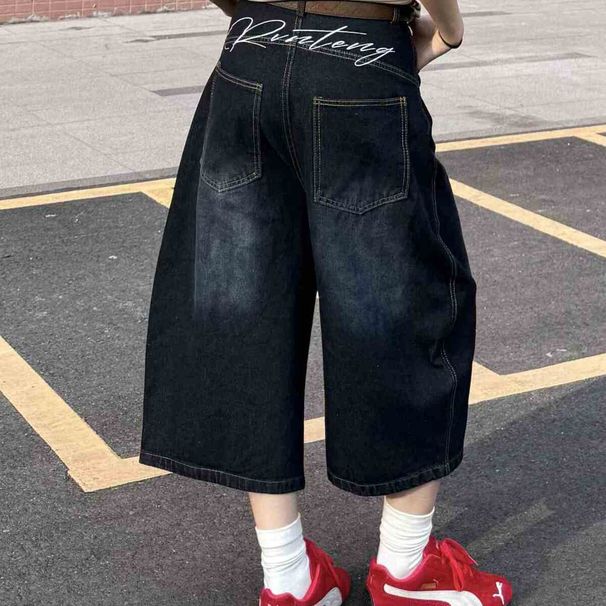 American Retro Letter Embroidered Denim Shorts Men's High Street Straight Loose Casual Washed Wide-leg Cropped Pants_viptrois.com