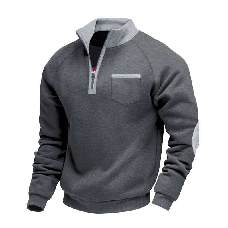 Men's Thickened Fleece Lined Half Zipper Sweatshirt Autumn Winter American Style Loose Stand Collar Color Block Casual With Pocket_viptrois.com