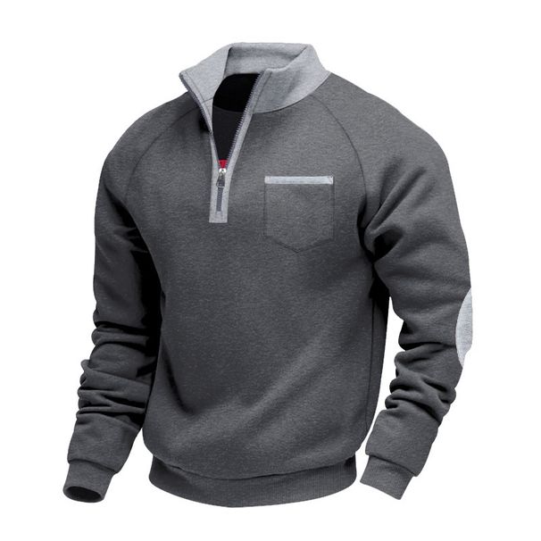 Men's Thickened Fleece Lined Half Zipper Sweatshirt Autumn Winter American Style Loose Stand Collar Color Block Casual With Pocket_viptrois.com