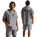 Men's Clothing Summer Men's Loose Casual Linen Solid Color Buttoned Beach Hooded Short Sleeved Suit_viptrois.com
