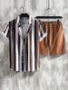 Men's Clothing Striped Contrast Color 3D Printing Summer Vacation Shirt Shorts 2 Piece Set_viptrois.com