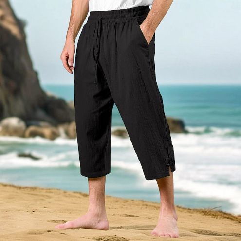 Men's Cotton Linen Cropped Trousers - Summer Casual Beach Pants With Drawstring Waist & Multiple Pockets | Lightweight Breathable Short Pants_viptrois.com