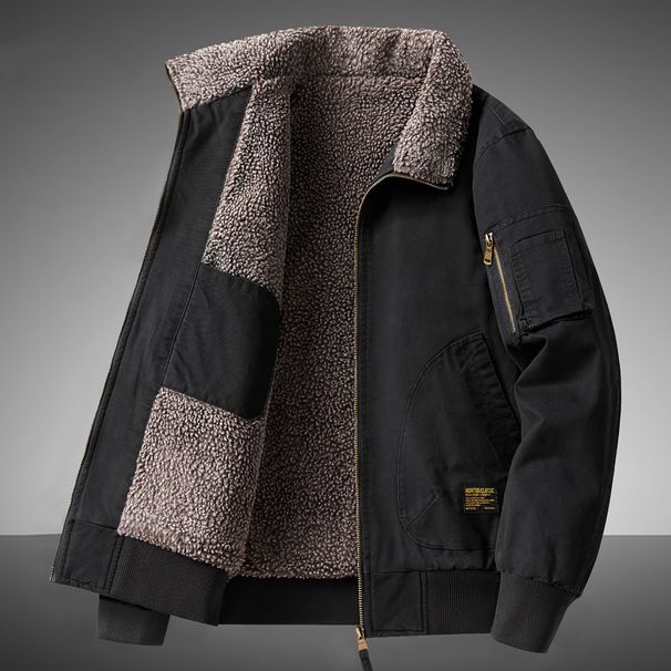 Warm Cotton Clothing Men's Lamb's Wool Jacket Autumn Winter Solid Color Fleece Workwear Plus Size Outdoor Travel Lapel Coat Men_viptrois.com
