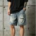 Men's Clothing Men's Summer Denim Shorts Style Trendy High Street Heavyweight Distressed Ripped Drawstring Loose Fitting Casual Five Quarter Length_viptrois.com