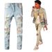 Men's Clothing High Street Fashion Brand Old Patch Paint Graffiti Hole Elastic Slim Washed Light Color Jeans_viptrois.com