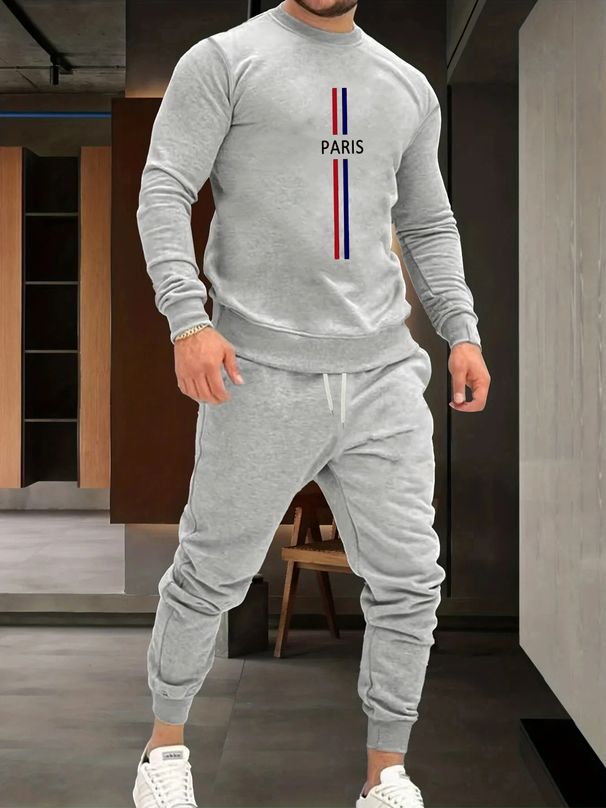 Men's Autumn And Winter Casual Warm Paris Pattern Printed Loose Thick Velvet Round Neck Sports Shirt+sports Pants Set_viptrois.com