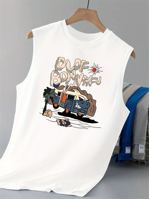 100% Pure Cotton Men's Summer Leisure Sports Fitness Loose Cartoon Car Pattern Printed Breathable Round Neck Sleeveless Vest_viptrois.com