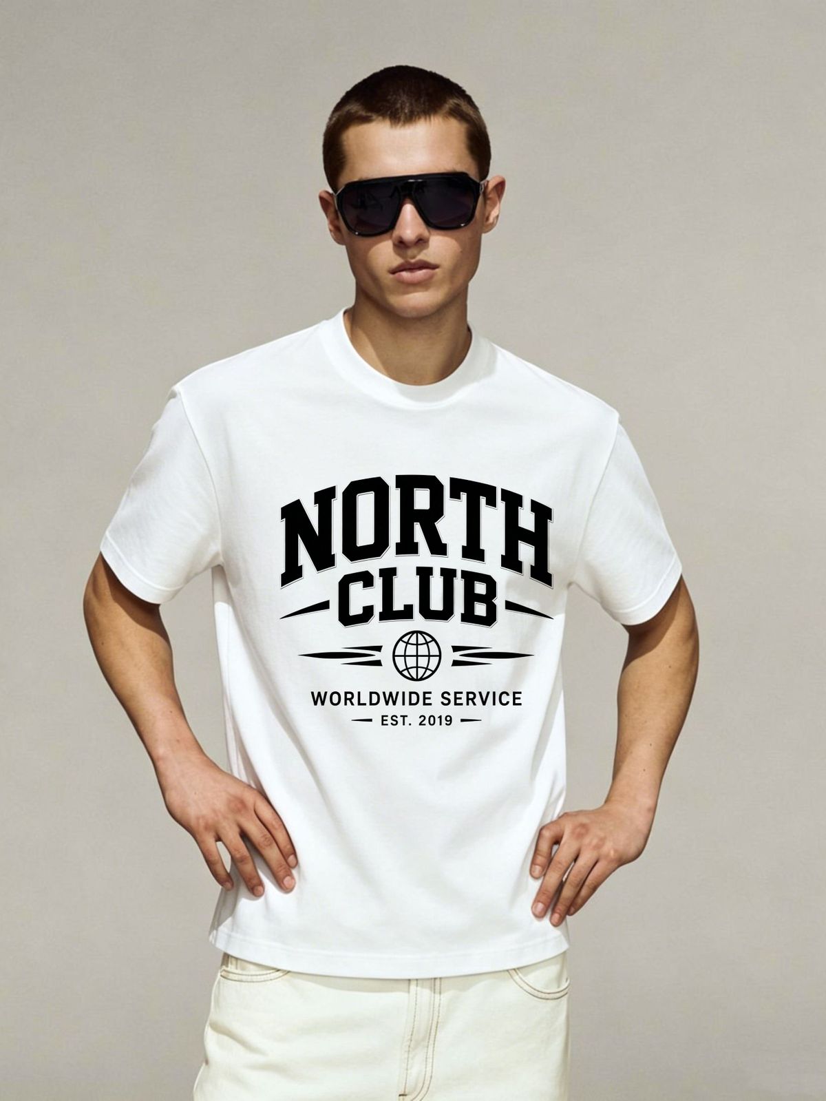 European Style Men's Short Sleeve T-Shirt, Retro Varsity NORTH CLUB Print, Casual Round Neck Streetwear Tee_viptrois.com