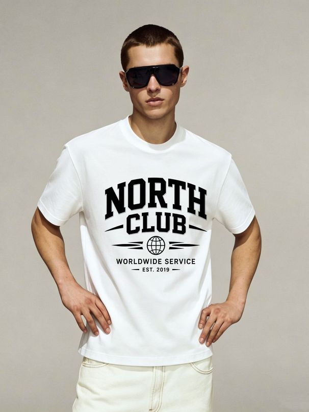 European Style Men's Short Sleeve T-Shirt, Retro Varsity NORTH CLUB Print, Casual Round Neck Streetwear Tee_viptrois.com