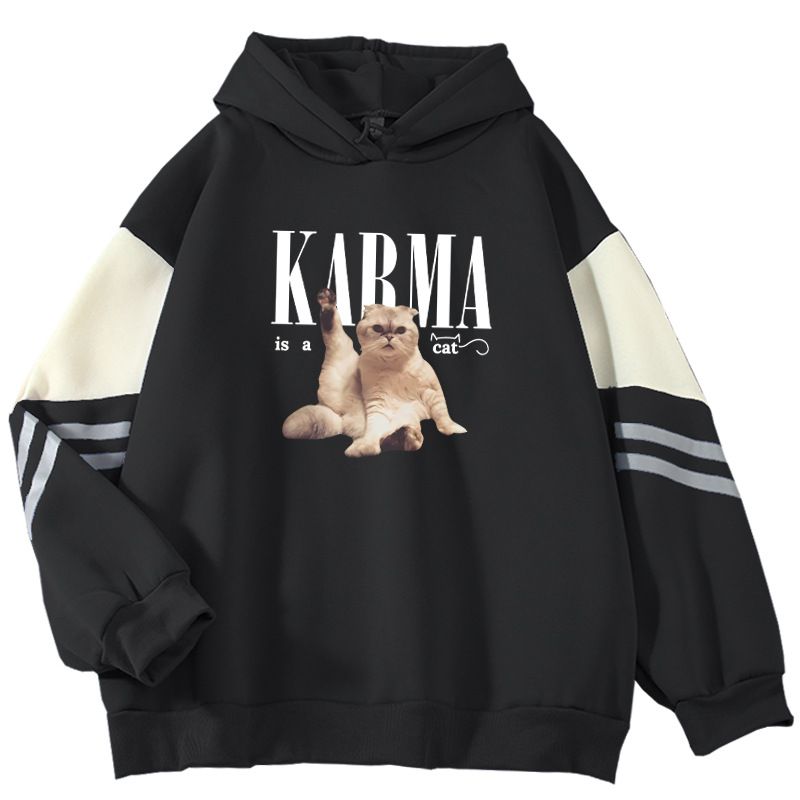 American Style Color Block For Men, Loose Fit, Niche Cat Print Pullover, Cool Outerwear Sweatshirt_viptrois.com