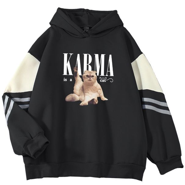 American Style Color Block For Men, Loose Fit, Niche Cat Print Pullover, Cool Outerwear Sweatshirt_viptrois.com