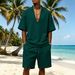 Men's Waffle Knit Short Sleeve Deep V Neck Casual Fashion Beach Shorts Style Suit_viptrois.com