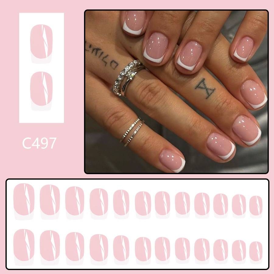 Short Gloss White French Light Powder Girl's Fresh Fashion Cute Wearing Manicure Pieces Europe and America Foreign Trade 24 Pieces_viptrois.com