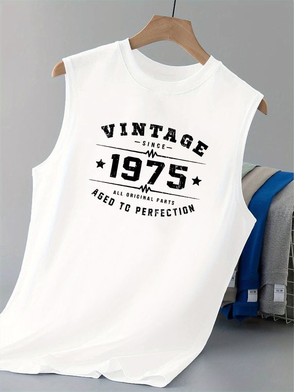 100% Pure Cotton Men's Summer Casual Sports Fitness Loose Retro 1975 Pattern Printed Breathable Round Neck Sleeveless Vest_viptrois.com