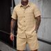 Men's Summer Jacquard Shirt & Shorts Set – Breathable Poly-Cotton Blend, Short-Sleeve Casual Outfit (Turmeric/White/Lake Blue, Sizes M-XXXL_viptrois.com