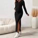 European And American Maternity Dress Round Neck Long Sleeve Maternity Dress Summer Large Slit Knitted Slim Maternity Dress_viptrois.com