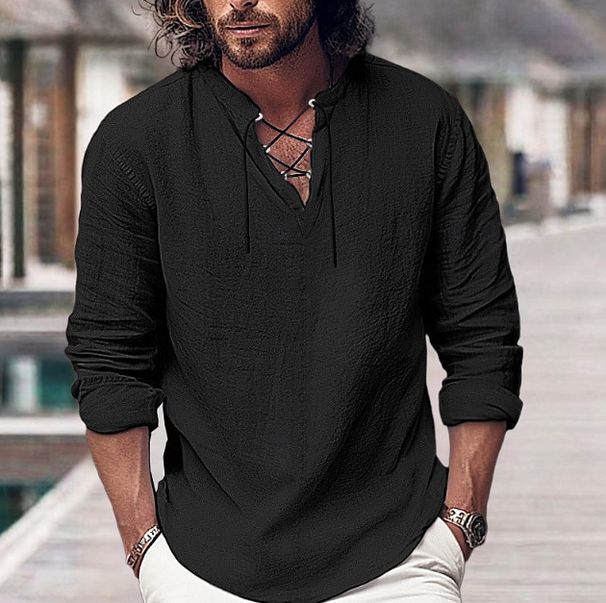 Men's Clothing Shirt Linen Shirt Summer Shirt Beachwear Long Sleeve Solid Color V Neck Spring Summer Casual Daily Clothing_viptrois.com
