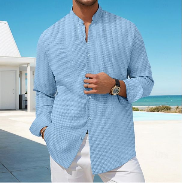 Men's Clothing Men's Button Down Shirt Casual Waffle Shirt Long Sleeve Solid Color Stand Collar Daily Vacation Fashion Casual Comfortable_viptrois.com