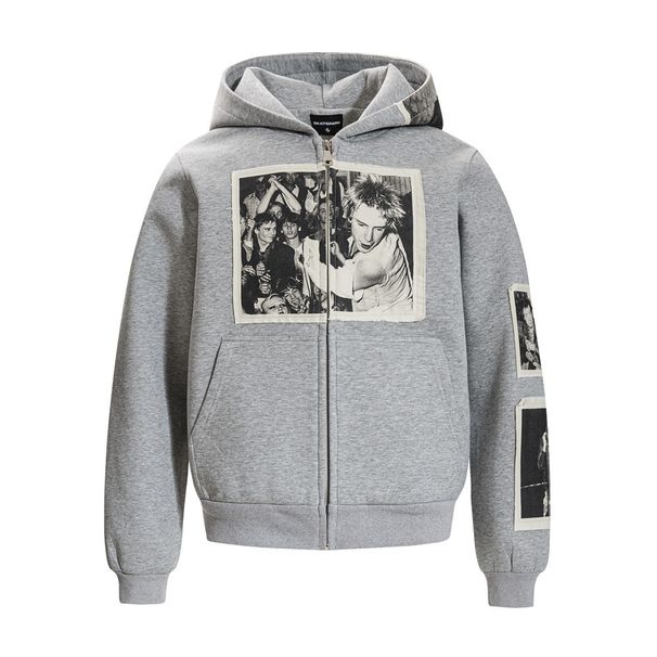 American Style Character Image Patch Hooded Cardigan Sweatshirt Men, Loose Fit Streetwear Trendy Brand Sports Hoodie_viptrois.com