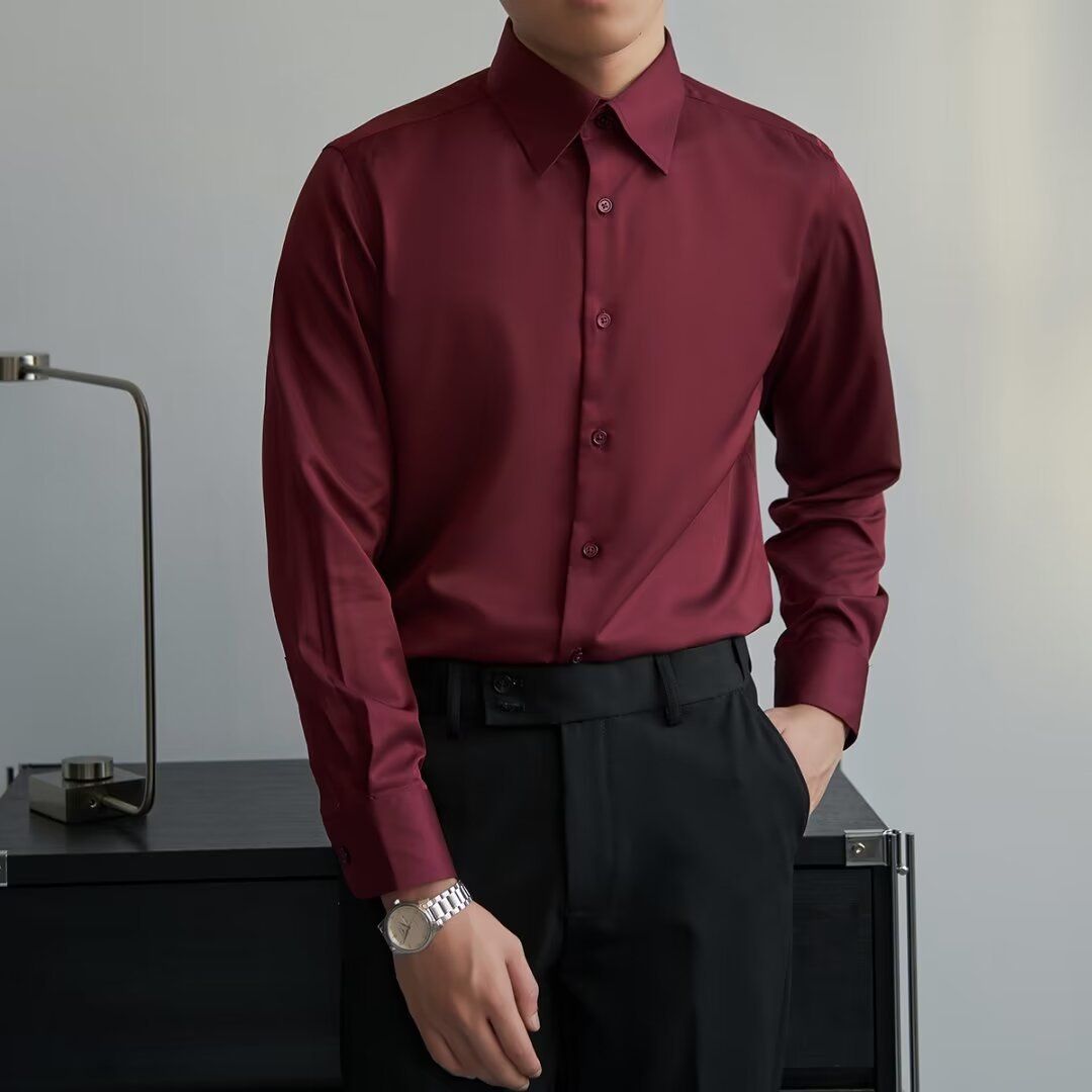 Men's Clothing Autumn Black Shirt Men's Long Sleeve Slim Business Suit Men's Wine Red Wedding Shirt Elastic Free Ironing_viptrois.com