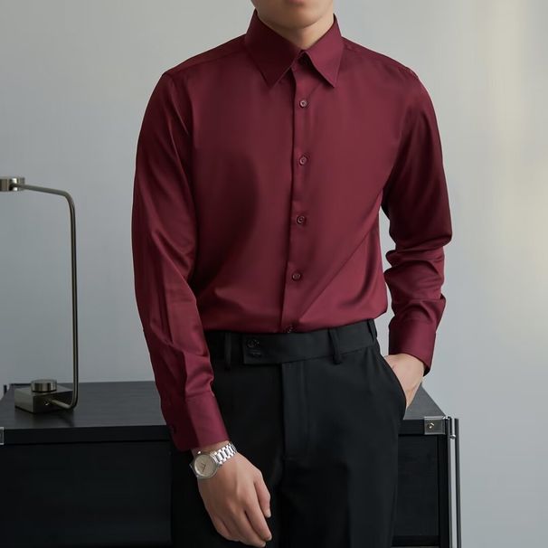 Men's Clothing Autumn Black Shirt Men's Long Sleeve Slim Business Suit Men's Wine Red Wedding Shirt Elastic Free Ironing_viptrois.com