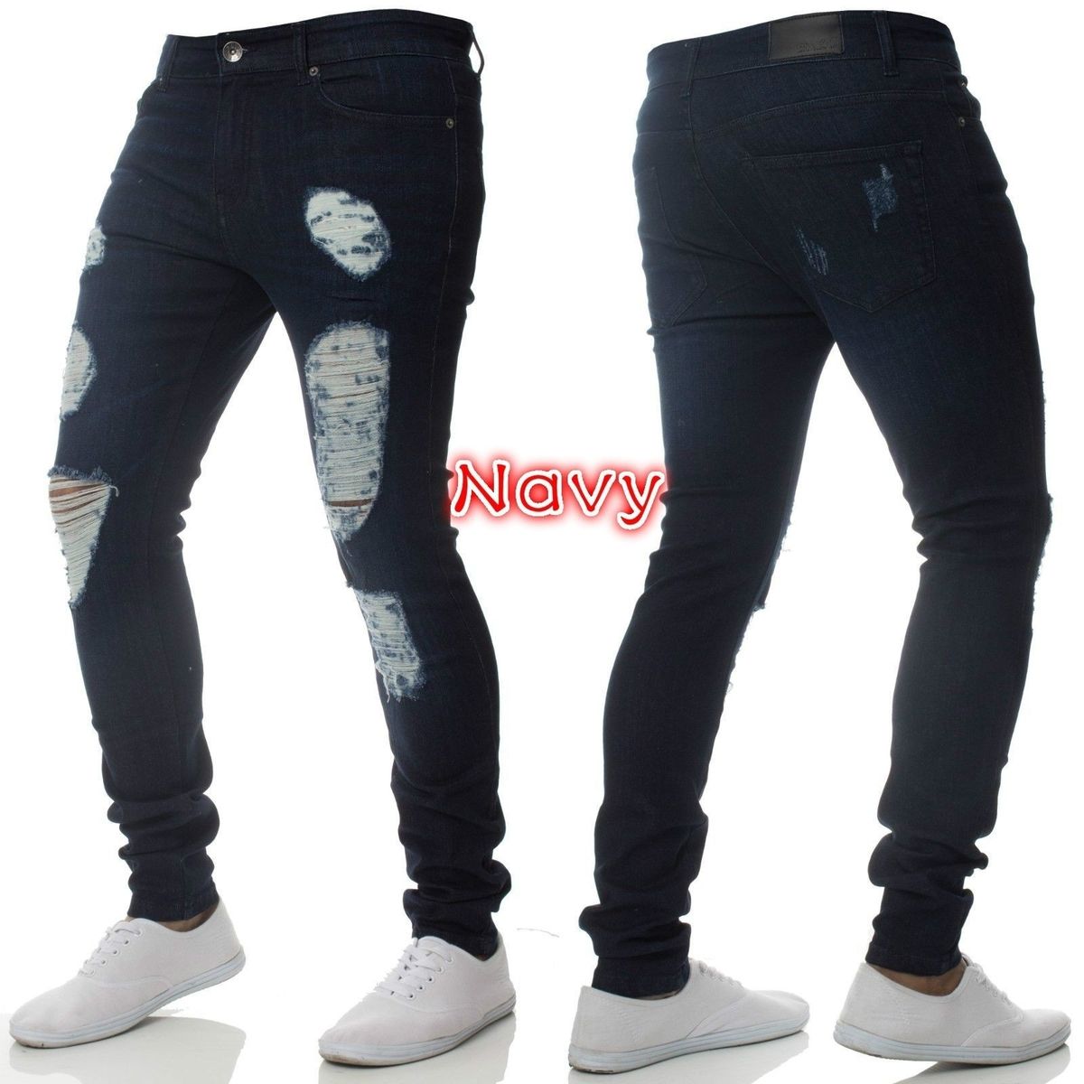 Men's Clothing New Denim Men's Pants Hole Trend Black Slim High Waist Jeans For Men_viptrois.com