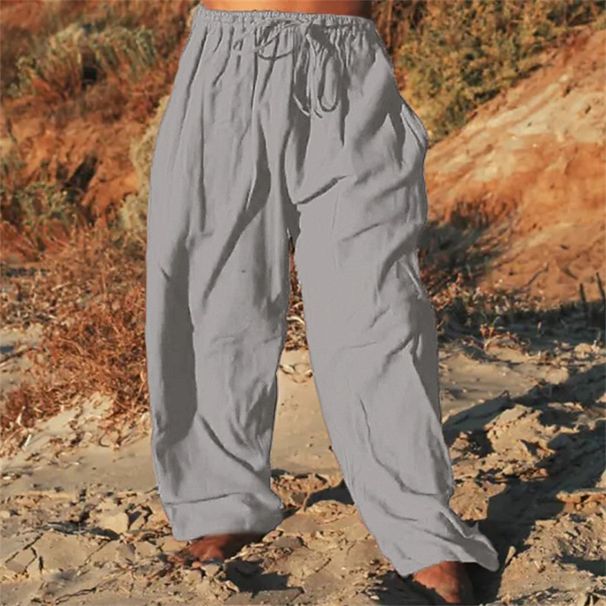 Men's Clothing Cotton And Linen Loose Casual Solid Color Drawstring Outdoor Daily Straight Trousers_viptrois.com