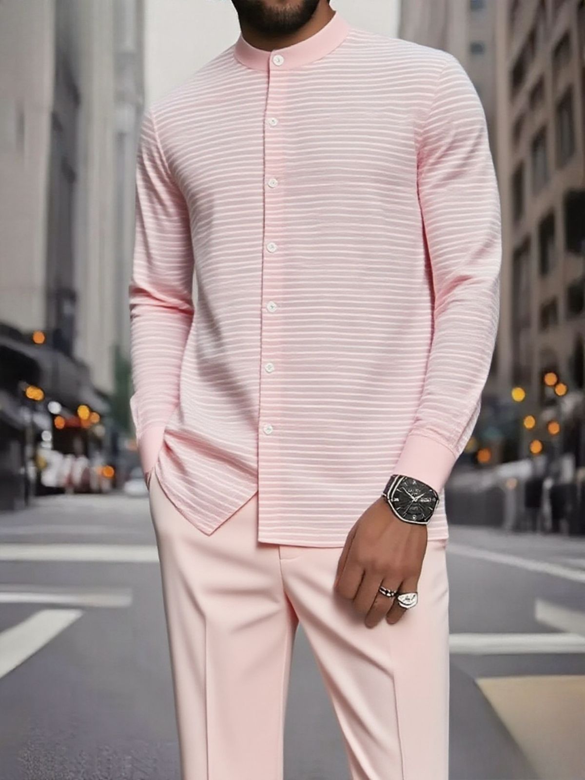 Men's Long Sleeved Shirt Set Y2 Ethnic Style Stand Collar Fashionable Striped Print New Autumn Collection_viptrois.com