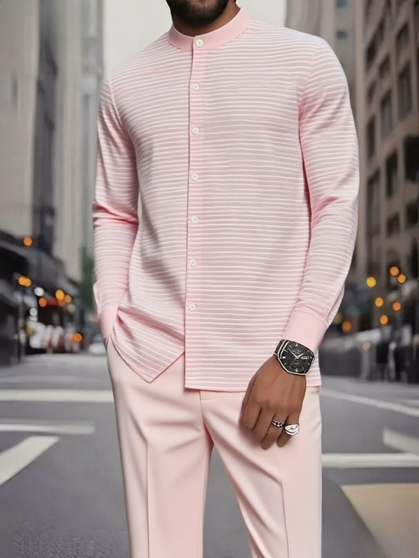 Men's Long Sleeved Shirt Set Y2 Ethnic Style Stand Collar Fashionable Striped Print New Autumn Collection_viptrois.com