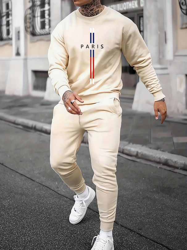 Men's Autumn And Winter Casual Warm Paris Letter Pattern Print Loose Thick Velvet Round Neck Sports Shirt+sports Pants Set_viptrois.com