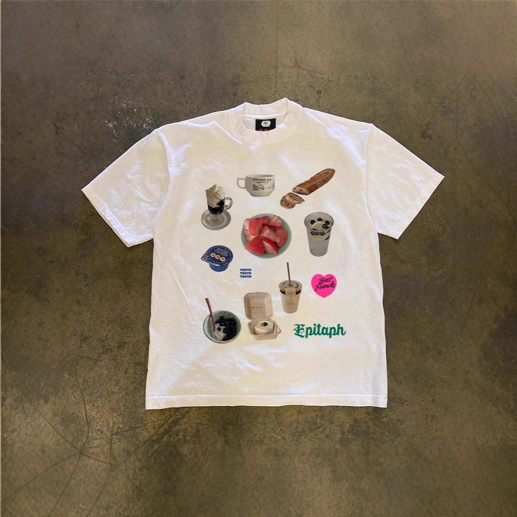 Oversized Snack Patchwork Print T-Shirt Heavyweight Pure Cotton Loose Short Sleeved Men's Top for Couple Style_viptrois.com
