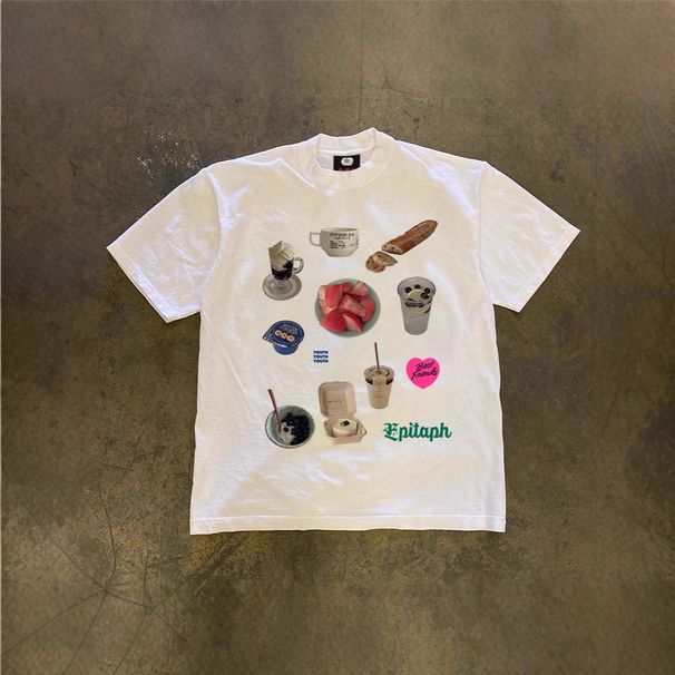 Oversized Snack Patchwork Print T-Shirt Heavyweight Pure Cotton Loose Short Sleeved Men's Top for Couple Style_viptrois.com