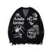 Men's Jacquard Knit Sweater - Retro Loose Fit, Long Sleeve Round Neck, Unisex Couple Style, Soft Polyester Blend_viptrois.com