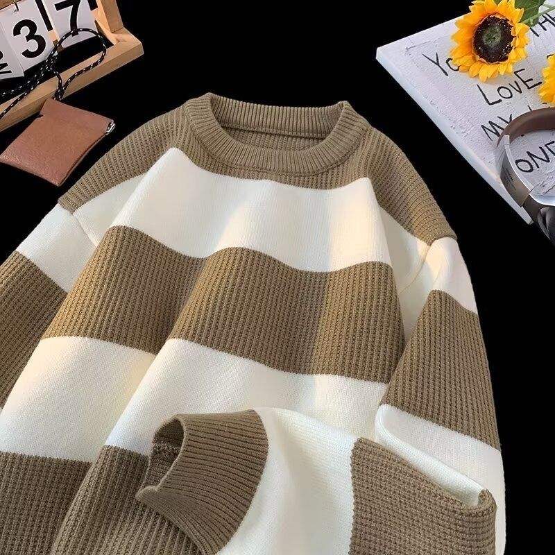 Color Blocked Striped Knitted Sweater For Autumn And Winter Versatile Base Pullover Sweater For Teenagers_viptrois.com