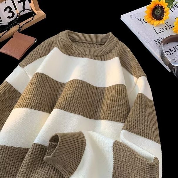 Color Blocked Striped Knitted Sweater For Autumn And Winter Versatile Base Pullover Sweater For Teenagers_viptrois.com