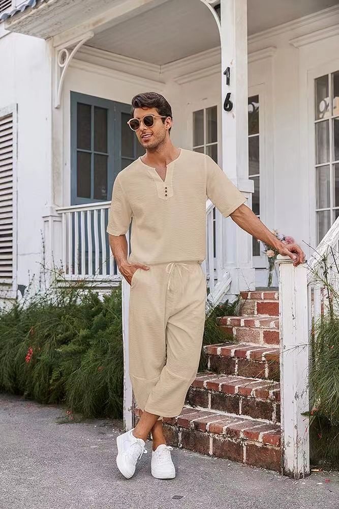 Men's 2-Piece Cotton Linen Set – Breathable Short-Sleeve T-Shirt & 7/8 Lounge Pants (S-XXXL) | Minimalist Athleisure In 5 Colors_viptrois.com