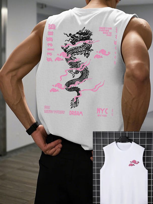 100% Pure Cotton Men's Summer Casual Sports Fitness Loose Japanese And Dragon Pattern Printed Breathable Round Neck Sleeveless Vest_viptrois.com