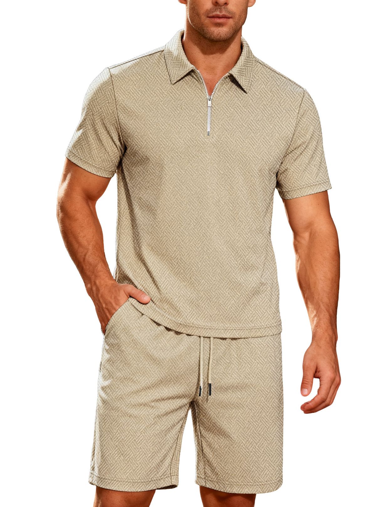 Men's Summer Casual Suit Set – Striped Short Sleeve & Solid Pants (S-XXXL, Navy/Black/Khaki)_viptrois.com