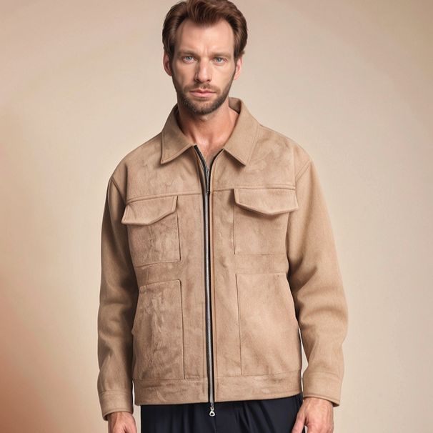 Men's Suede Jacket - Zippered Pocket Lapel Coat | Casual Spring/Fall Outerwear_viptrois.com