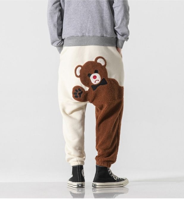 Man's clothing Hipster and fleece men's pants Cartoon flocking trend pants men patchwork loose men's casual pants_viptrois.com