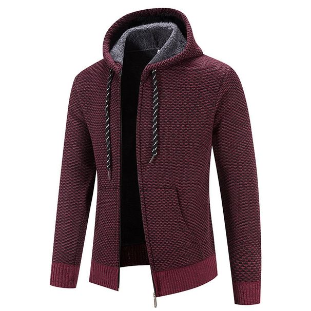 Pulse Foreign Trade Exclusive Cardigan Jacket Fleece Lined Thickened Hooded Slim Fit Knitted Sweater Men's Fashion_viptrois.com