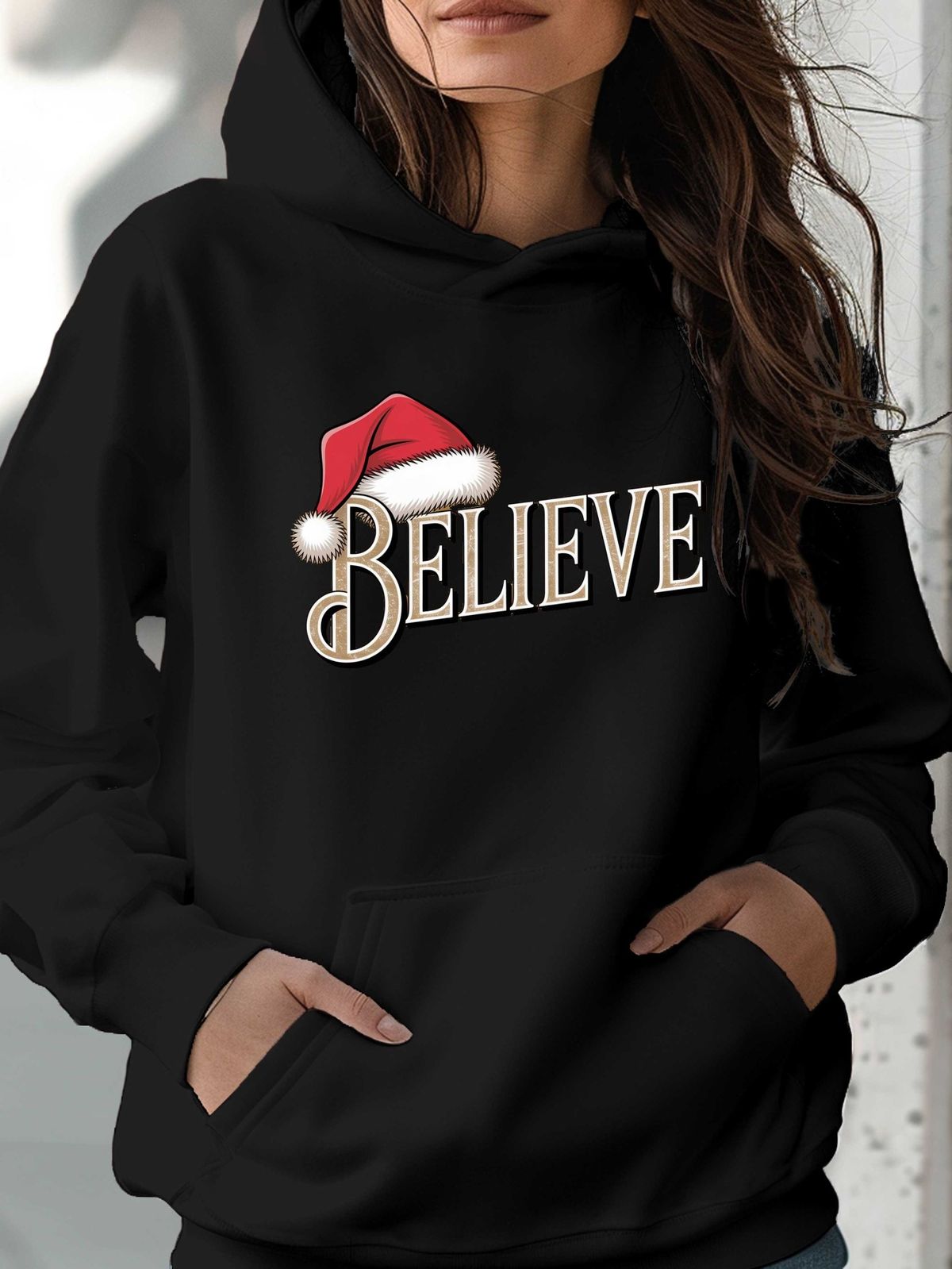 teediy Women'S Christmas Believe Santa Hat Hooded Sweatshirt - Red With Lettering & Snowflake Design, Cozy Long Sleeve Pocket Hoodie For Winter_viptrois.com