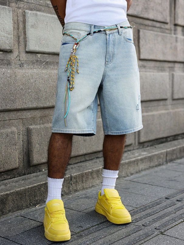 Men's American Retro Street Style Ripped Denim Shorts Summer Loose Wide Leg Casual Capri Pants_viptrois.com